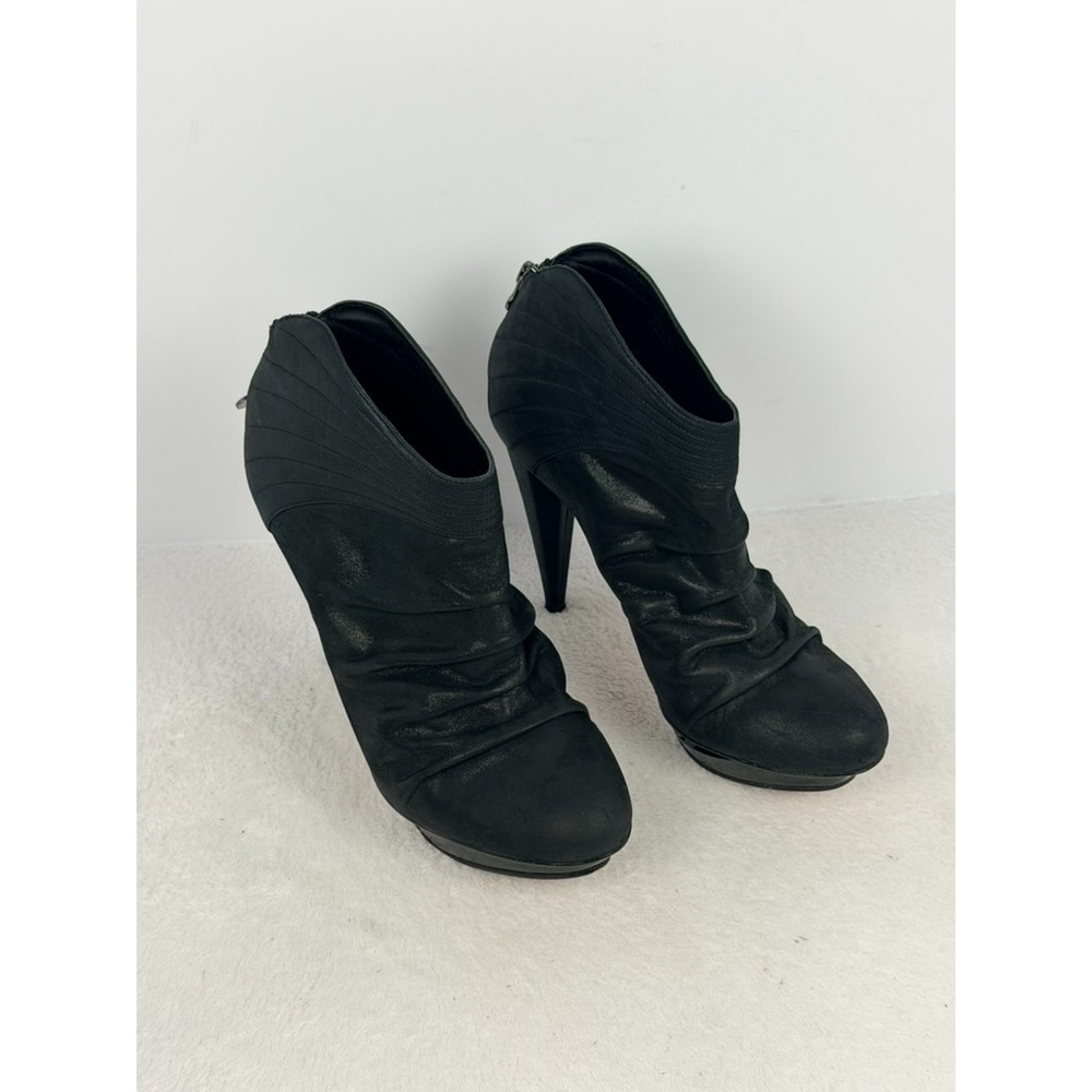 Velvet Angels Platinum Black Coated Leather Ruched Ankle Booties EU 38 US 7.5-8